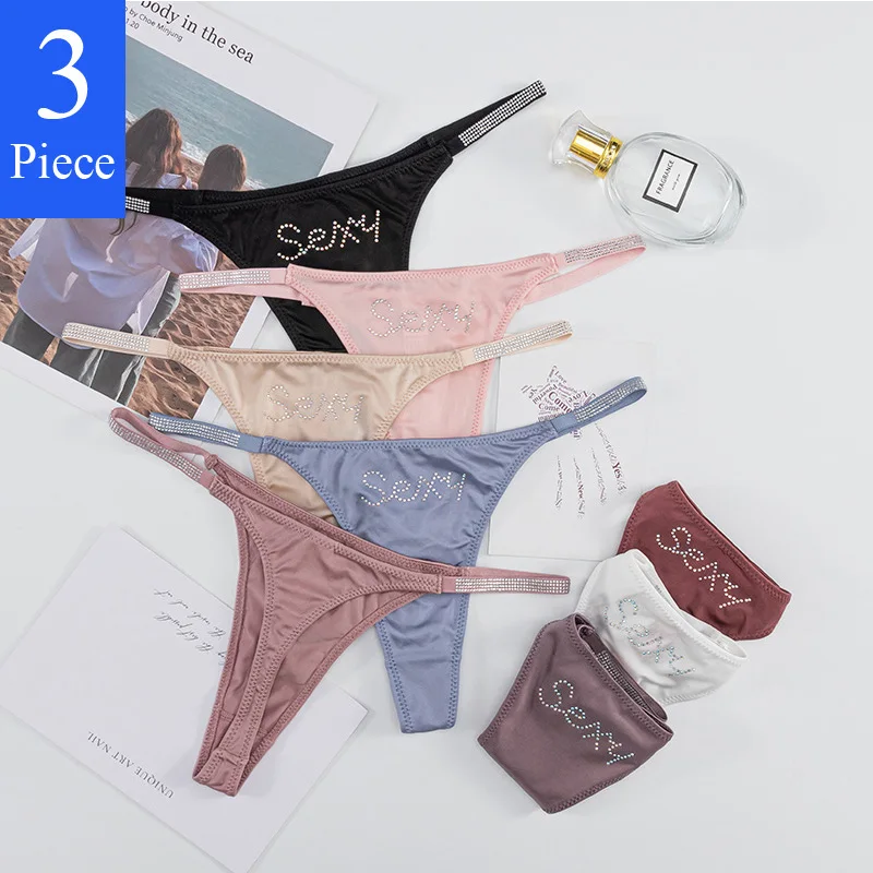 

3Pcs/set Hot Drill Sexy Thong Panties Seamless Ice Silk Ladies Briefs Rhinestones Strap Low-Rise T-Back Panty Female Lingerie