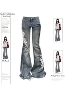 Pantalon évasé en denim brodé pour femme, American Street Bell, Jeans astronomiques, Grunge japonais, Abi taille basse, Y2K, Grunge des années 2000, Goblin Core 1
