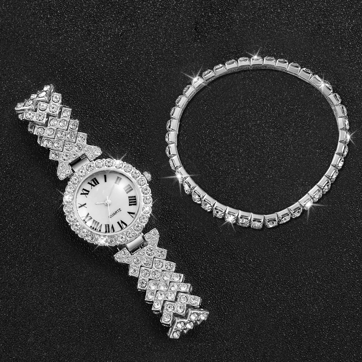 2PCs/Set Women's Luxury Watch Fashion Diamond Inlaid Dial Quartz Temperament Girls' Watch Bracelet Set (Box Not Included))