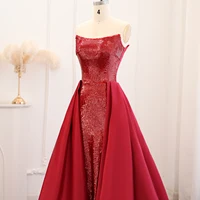 Sparkly Sequin Wine Red Mermaid Evening Dresses with Overskirt 2024 Elegant Women Wedding Gala Party Gowns 513 1