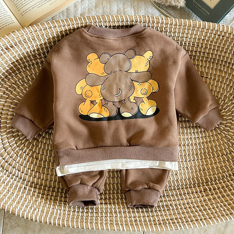Winter Kids Hoodie Set Cartoon Bear Sweatshirt Suit