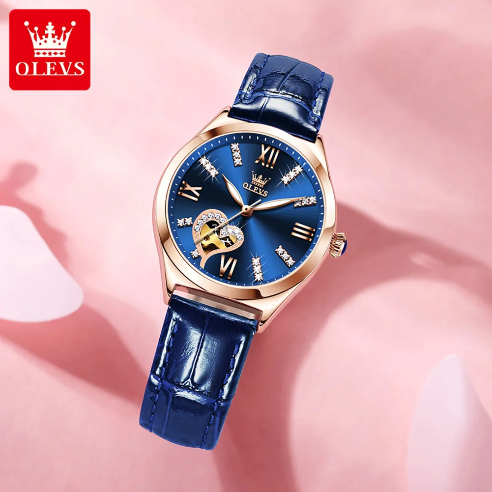 OLEVS New Women's Mechanical Wristwatch Leather Strap Waterpoof Luminous Automatic Watch for Women Luxury Top Brand Watch Gifts