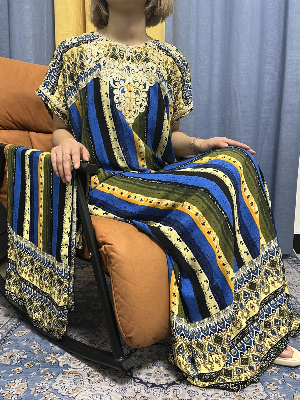 Abayas For Women Printed Rainbow Stripes Cotton Muslim Fashion African Traditional Woman Dresses Turkey Clothing With Turban