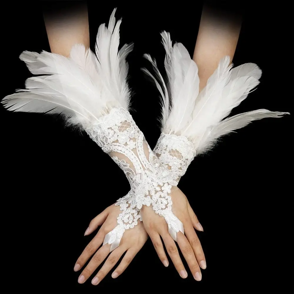 

2023 New Lace Feather Long Gloves Gothic Mesh Sleeve Halloween Party Hook Embroidery White Mittins Female Stage Accessories