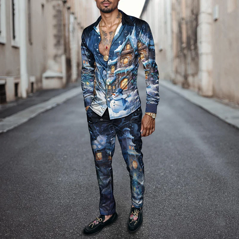2025 Fashionable Spring Summer Men Shirt Set Christmas Print Fashion Gingerbread Man Two Piece Set Mens Snowman Lightweight_voghion.com