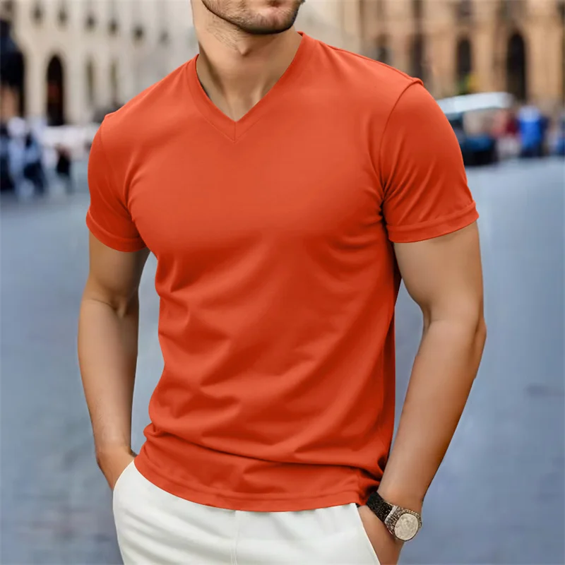 2025 Neue Herren Casual Mode Einfaches V-Ausschnitt Kurzarm-T-Shirt Sommer Bequemes Atmungsaktives Vielseitiges Oberteil – Detail 5