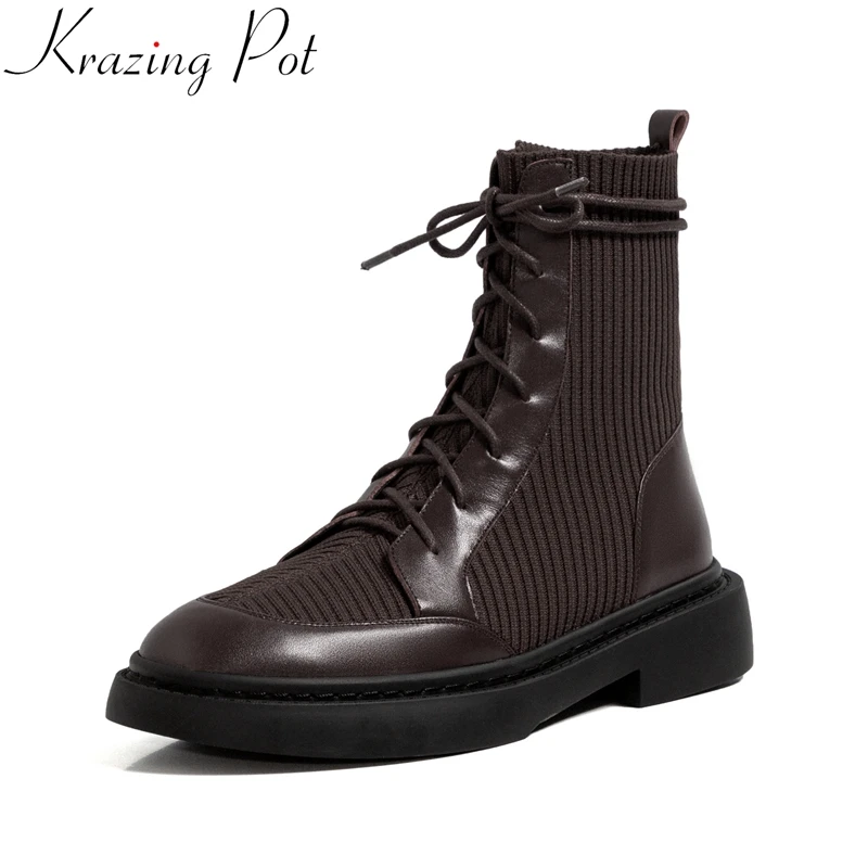 

Krazing Pot 2023 Fashion Cow Leather Knitting Round Toe Lace Up Med Heel Chelsea Boots Office Lady Warm Winter Solid Ankle Boots