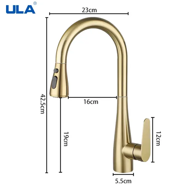 ULA สแตนเลสก๊อกน้ำสำหรับห้องครัวเครื่องทำน้ำร้อนเย็นแตะดึง Out Spout 2โหมดที่มีความยืดหยุ่นอ่างล้างจานก๊อกน้ำห้องครัว Gold แตะ 5
