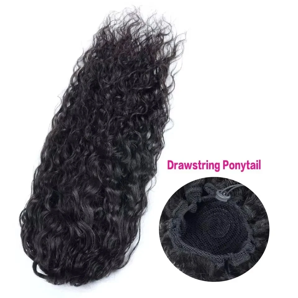 드로스트링 포니테일 인모 워터 웨이브 포니테일 연장 곱슬 웨이브 내추럴 컬러 브라질리언 인모 포니테일 클립인