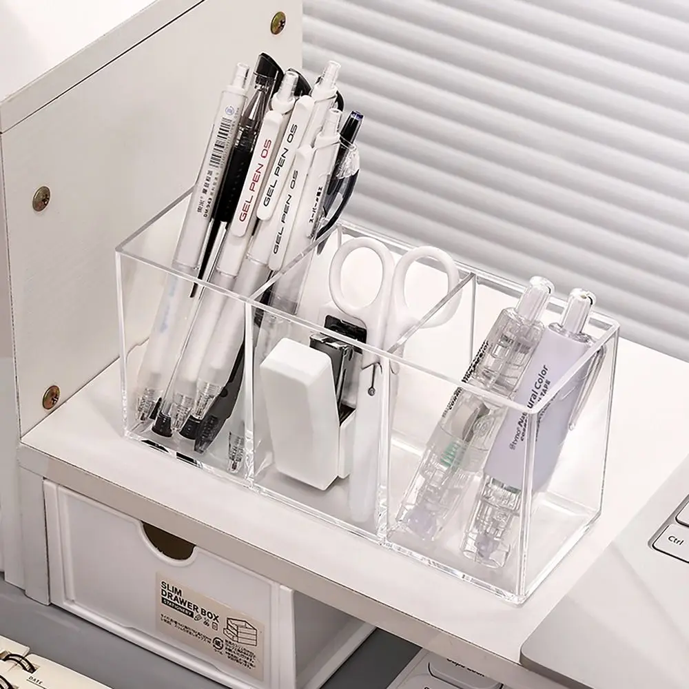 Desk Stationery Storage Pen Holder Transparent 3 Grids Pen Storage Box INS Style Large Capacity Pencil Container Students 2