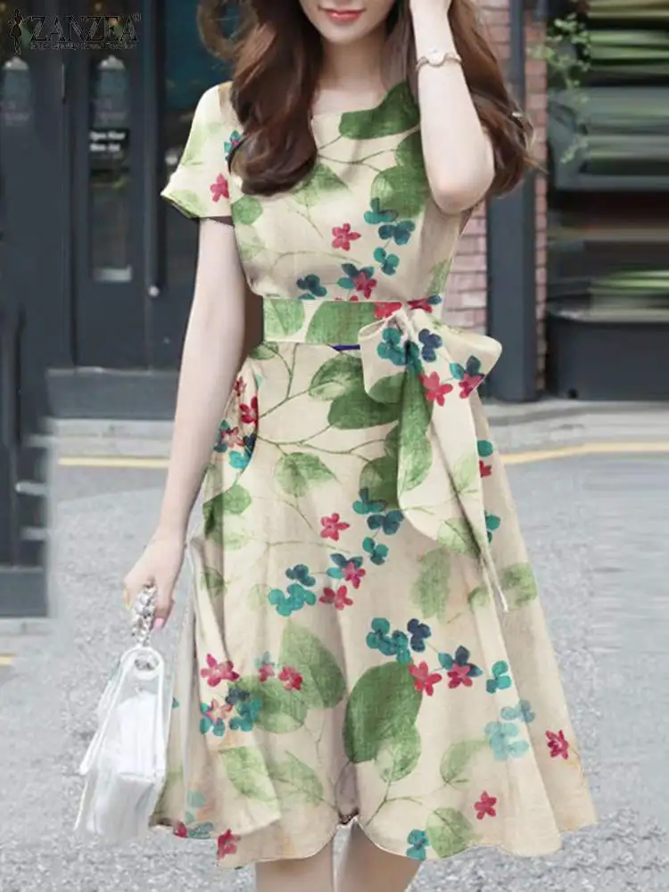 ZANZEA Women's Dresses Vintage Holiday Floral Short Sleeve O-Neck Casual Cotton Linen Loose Midi Dress #7 | Singapore - Foto 2