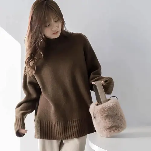 European100% pure cashmere sweater women's half turtleneck slit short sweater lazy loose knit base shirt 2023 autumn and winter - Image 9