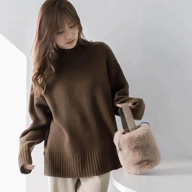 European100% pure cashmere sweater women's half turtleneck slit short sweater lazy loose knit base shirt 2023 autumn and winter - Image 9