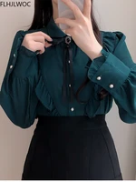 2025 Woman Cute Sweet Girls Thin Semi Transparent Ribbon Bow Tie Retro Vintalge Top Blusas Purple Green White Button Shirts - Image 2