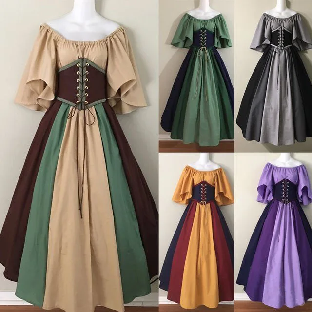 

Medieval Color Contrast Slim Fit Flying Sleeves Large Swing Skirt Off Shoulder Dress Women's Costume Performance