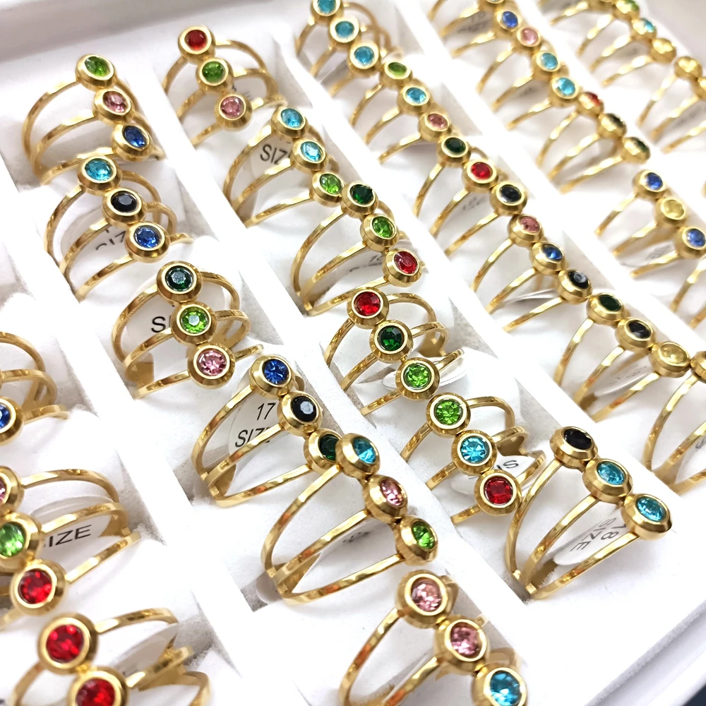 Großhandel 20 Stücke Bunte Zirkon Stein Edelstahl Ring Frauen Fingerschmuck