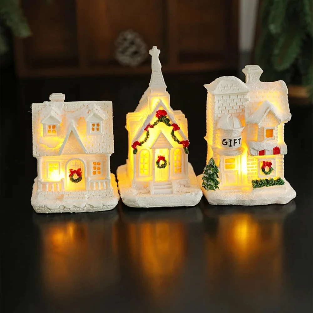 White Resin Snow House Christmas Ornaments with LED Lights for Family Holiday Decoration