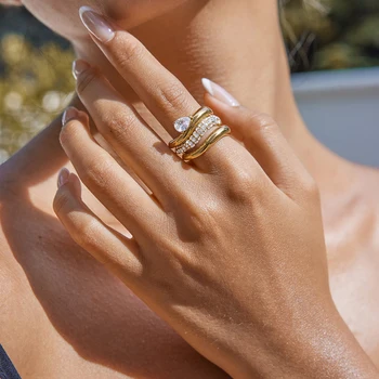 Zora Designer Minimalist 18K Gold-plated Stainless Steel Round Ring With Rhinestones Waterproof Trendy Women's Daily Jewelry 1