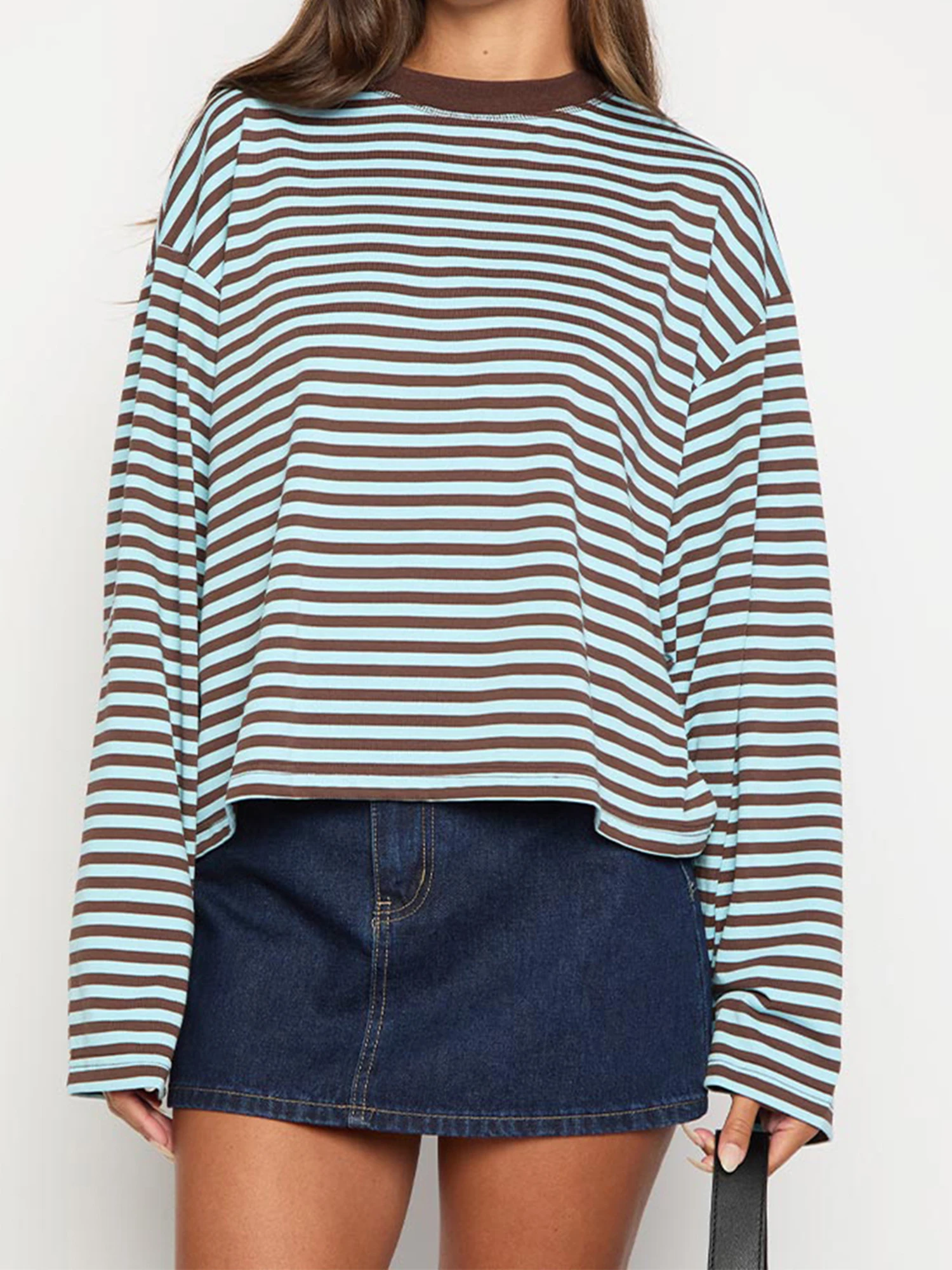 Women s Striped T-shirt Stylish Long Sleeve Crew Neck Loose Fit Top for Fall Casual Streetwear for Ladies