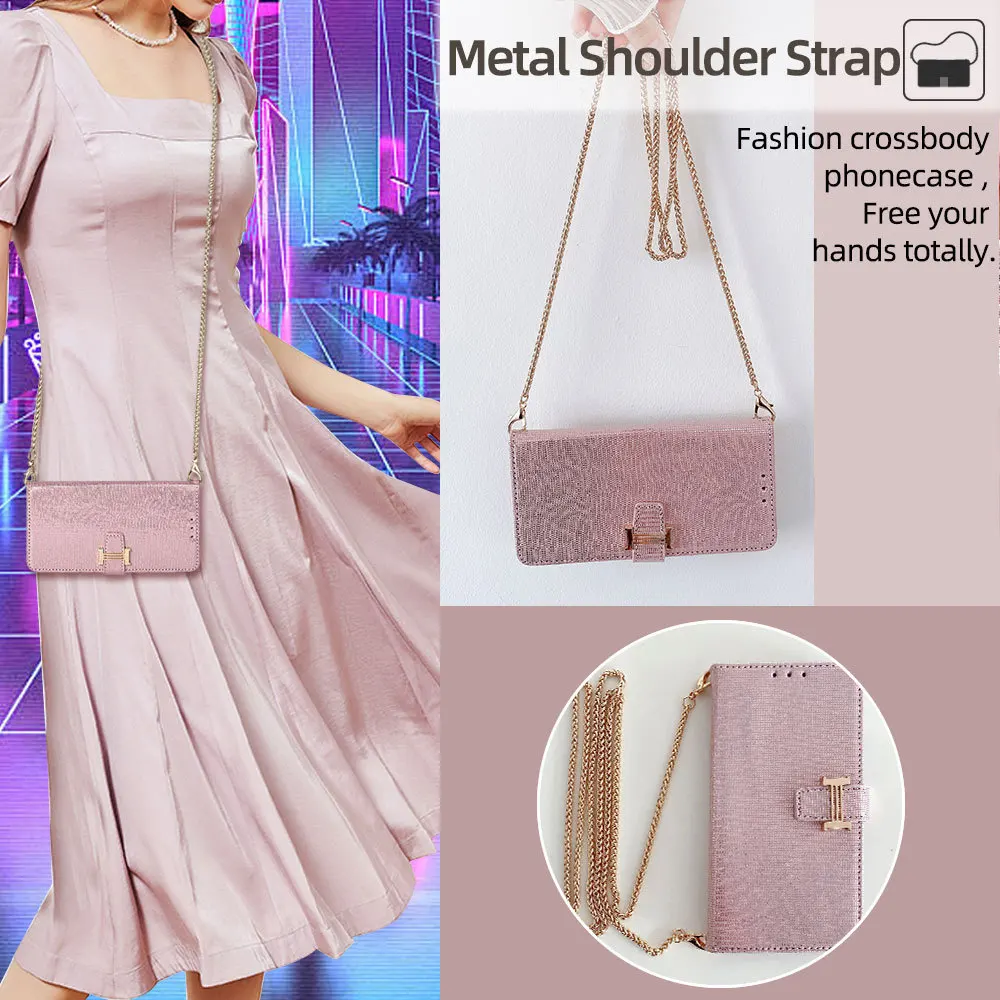 Luxurious Crossbody Leather Wallet Flip Case with Metal Shoulder Strap