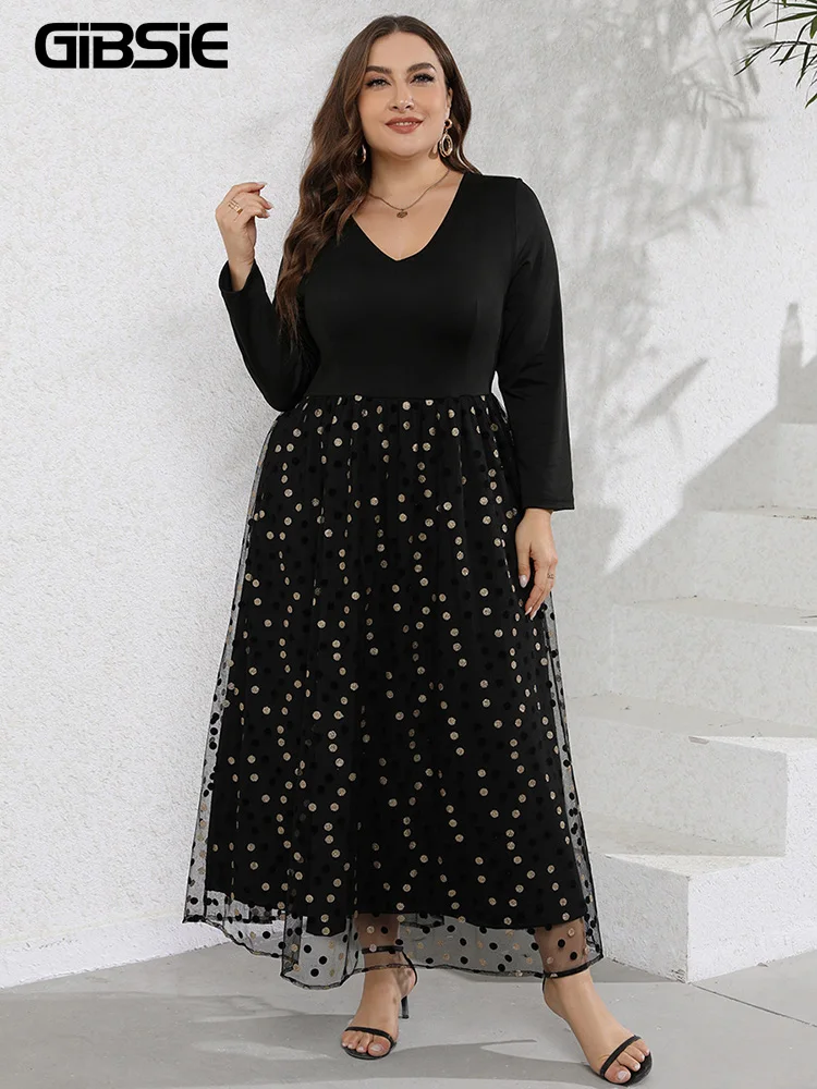

GIBSIE Plus Size Elegant V Neck Polka Dot Mesh Dress Women Spring Autumn High Waist Black Long Sleeve A-line Casual Maxi Dresses