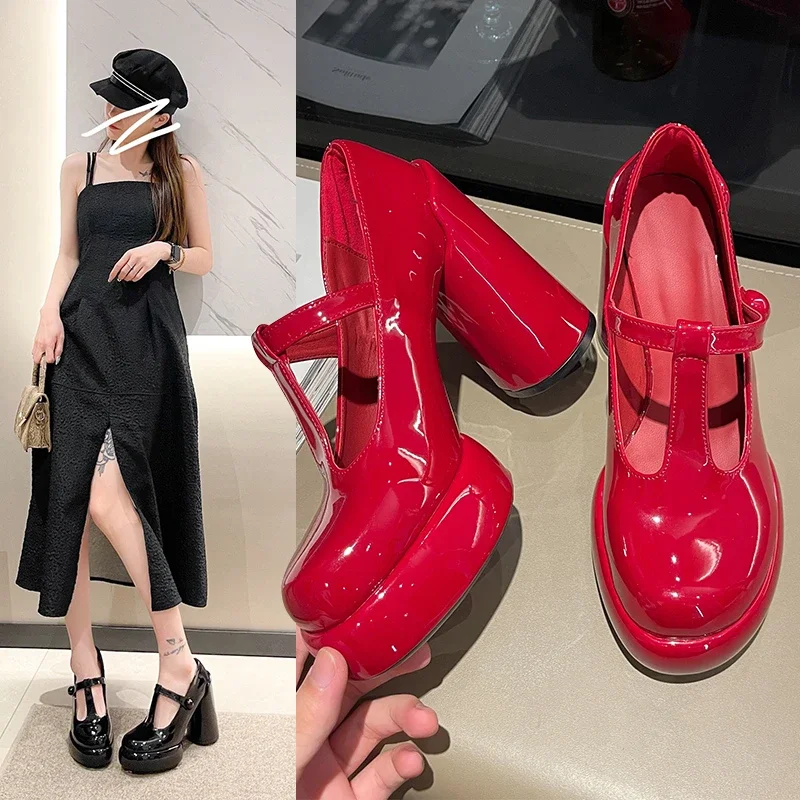 

Красные женские туфли на высоком каблуке, Новинка весна-осень 2023, женские туфли-лодочки с круглым носком, цилиндрическая обувь на толстом каблуке и платформе, модная женская обувь