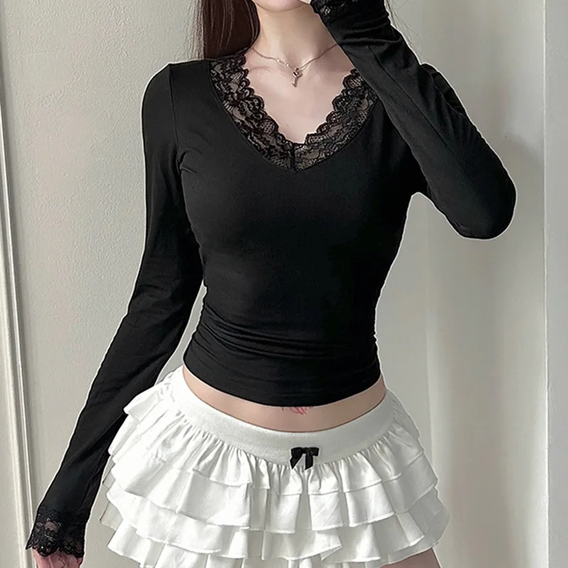 Y2K Lace Patchwork Black Skinny Elegant T-shirts V-Neck Long Sleeve Vintage Women's Top Tee Aesthetics Spring Autumn