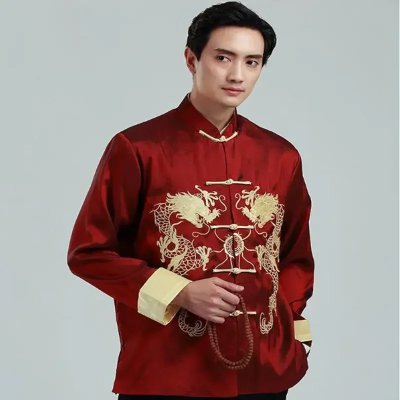 Men's Embroidered Dragon Tang Suit Men's Shirt Top Jacket Cheongsam Hanfu Retro Hanfu Coat