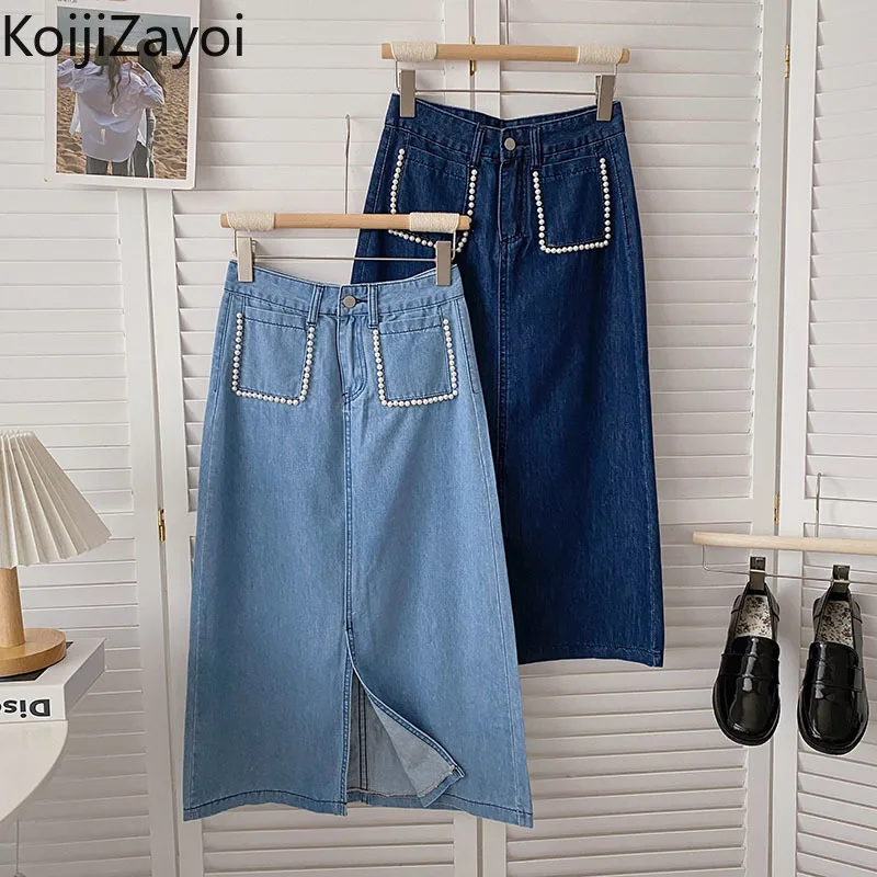 

Koijizayoi Beading Women Long Jeans Skirt High Waist Lady Vintage Fashion Pocket Denim Skirts Dropshipping Bottom Faldas 2022