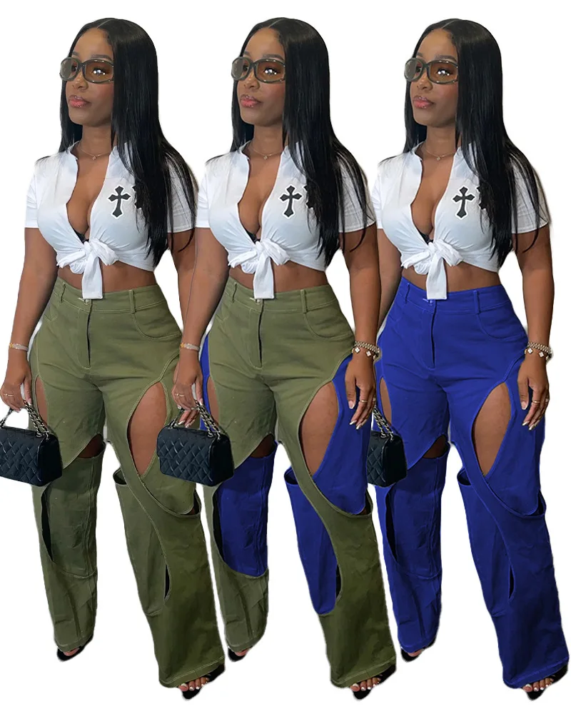 European and American women's color contrast line stitching hollowed out casual pants loose pants sweatpants  women pants