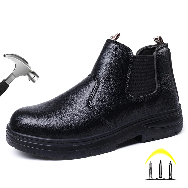 

New Men Safety Shoes For Work Construction Male Black Leather Water Proof Steel Toe Cap Work Botas Indestructible Security Boots