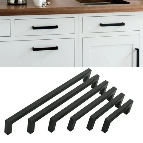 

Black Cabinet Handle Square Furniture Hardware Stainless Steel Kitchen Door Knobs Cupboard Wardrobe Drawer Pulls