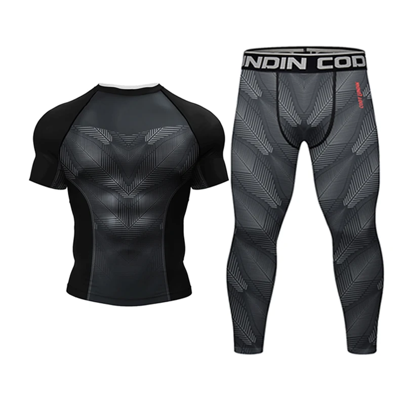 New Boxing Rashguard MMA T-shirt+Shorts For Men 4PCS/Set Black Grappling Bjj Rash Guard Jiu Jitsu T-shirts Sport Tights Clothing 4