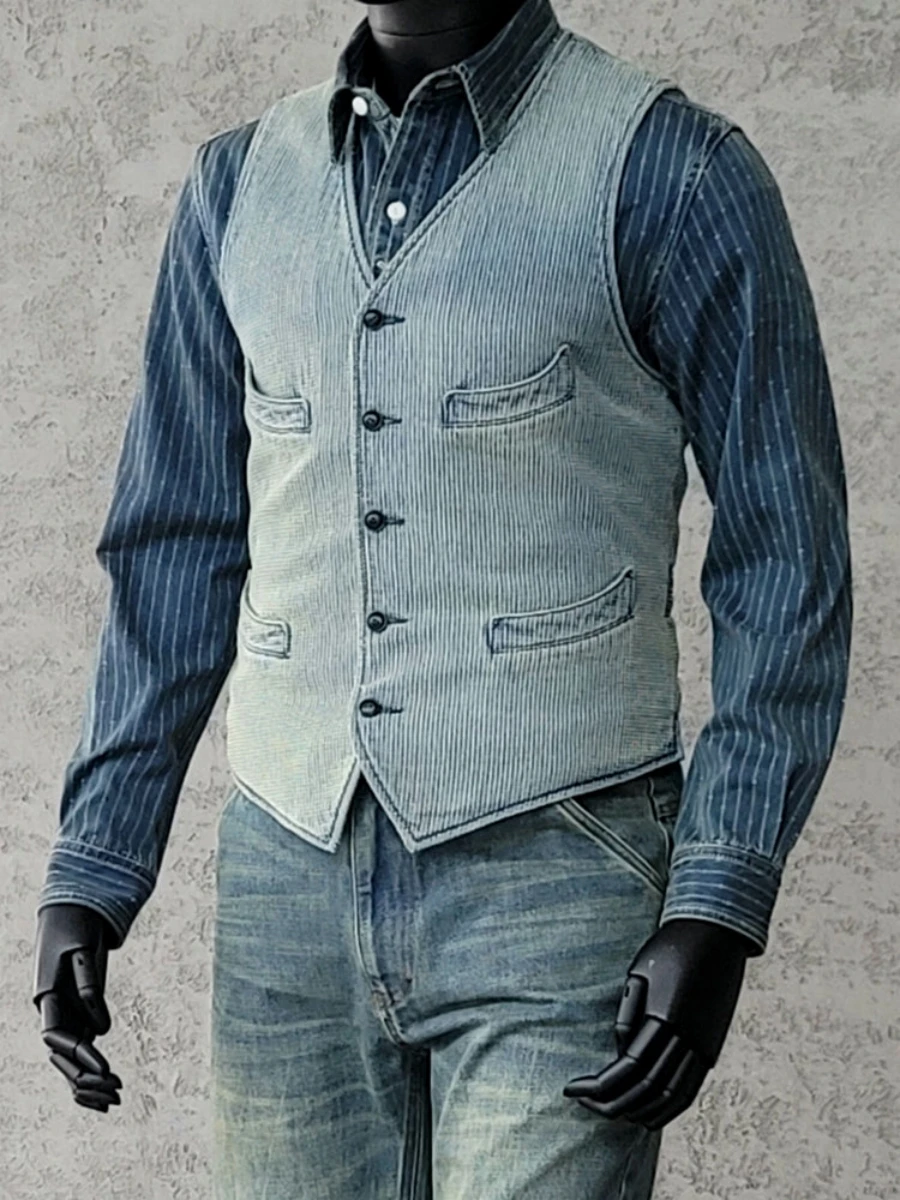 Men's Washed Blue Sashiko Vest V-neck 4-Pockets Elegant Style Vintage Waistcoat 2