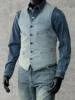 Men's Washed Blue Sashiko Vest V-neck 4-Pockets Elegant Style Vintage Waistcoat 2