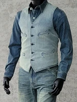 Men's Washed Blue Sashiko Vest V-neck 4-Pockets Elegant Style Vintage Waistcoat 2