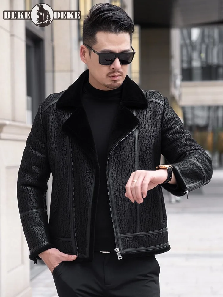 

Business Men Winter Work Real Fur Jacket Slim Fit Warm Wool Lining Overcoat Lapel Collar Short Style Sheepskin Leather Coat