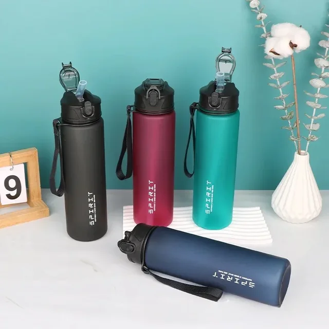 750ml Sports Water Bottle Leak Proof Handheld Drinking Straw Mug Fitness Outdoor Travel Portable Mug with Carrying Cord