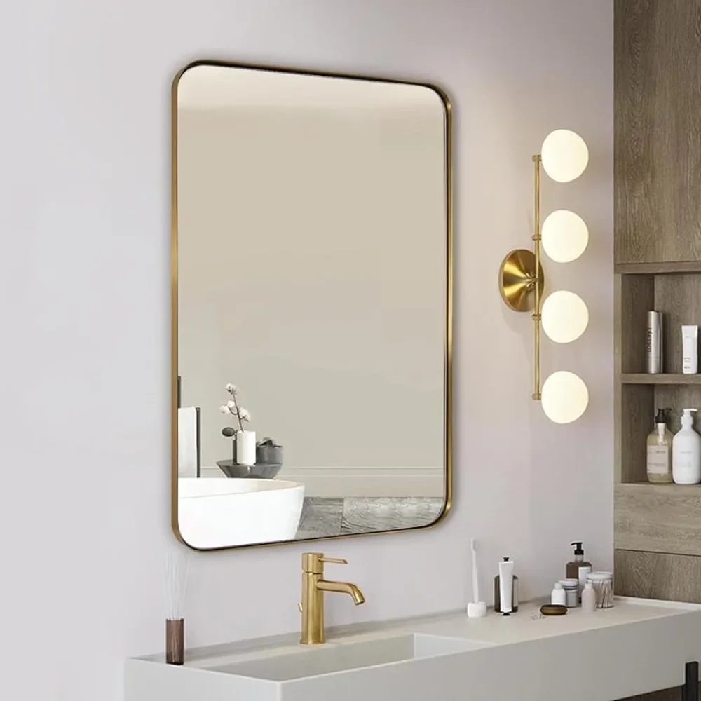 

Gold Bathroom Mirror, 22" x 30", Rounded Rectangle Mirror for Vanity, Framed in Premium Stainless Steel