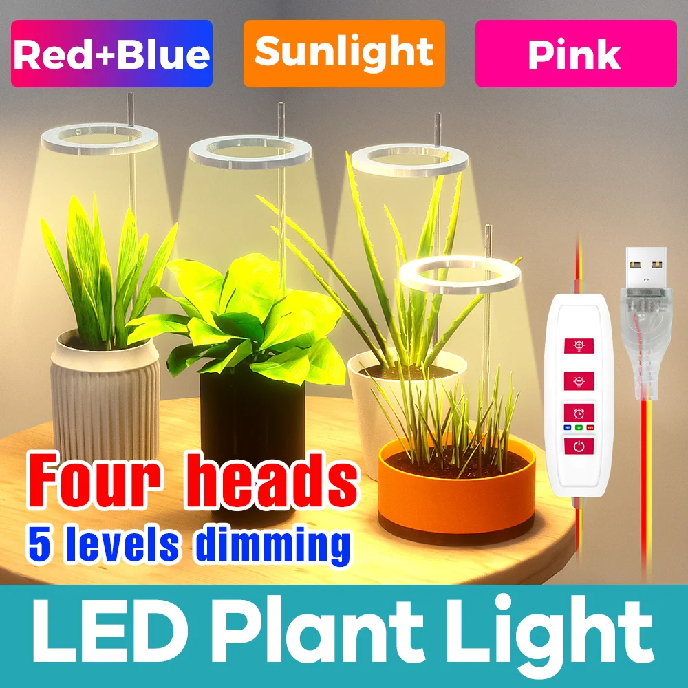 LED Plant Grow Light USB 5V Full Spectrum Hydroponic Cultivation Lamp Timer Auto On/Off Dimmable Cactus Flowers Succulent Growth