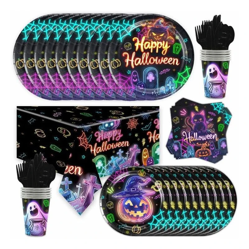 Halloween Party Tableware Set Festive Party Plates Napkins Tablecloth Disposable Tableware 10/12Guests Halloween Decoration