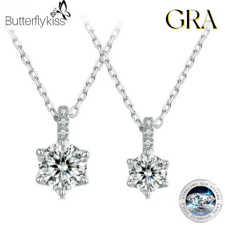 

Butterflykiss Trendy 1CT 6.5MM VVS D Color Moissanite Diamond Necklace For Women S925 Sterling Silver Pendant Clavicle Chain GRA