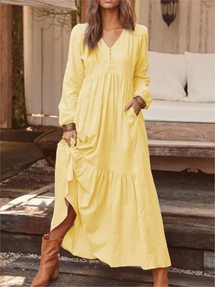 Womens V-Neck Long-Sleeve Button-Down Maxi Dress Vintage Fall
