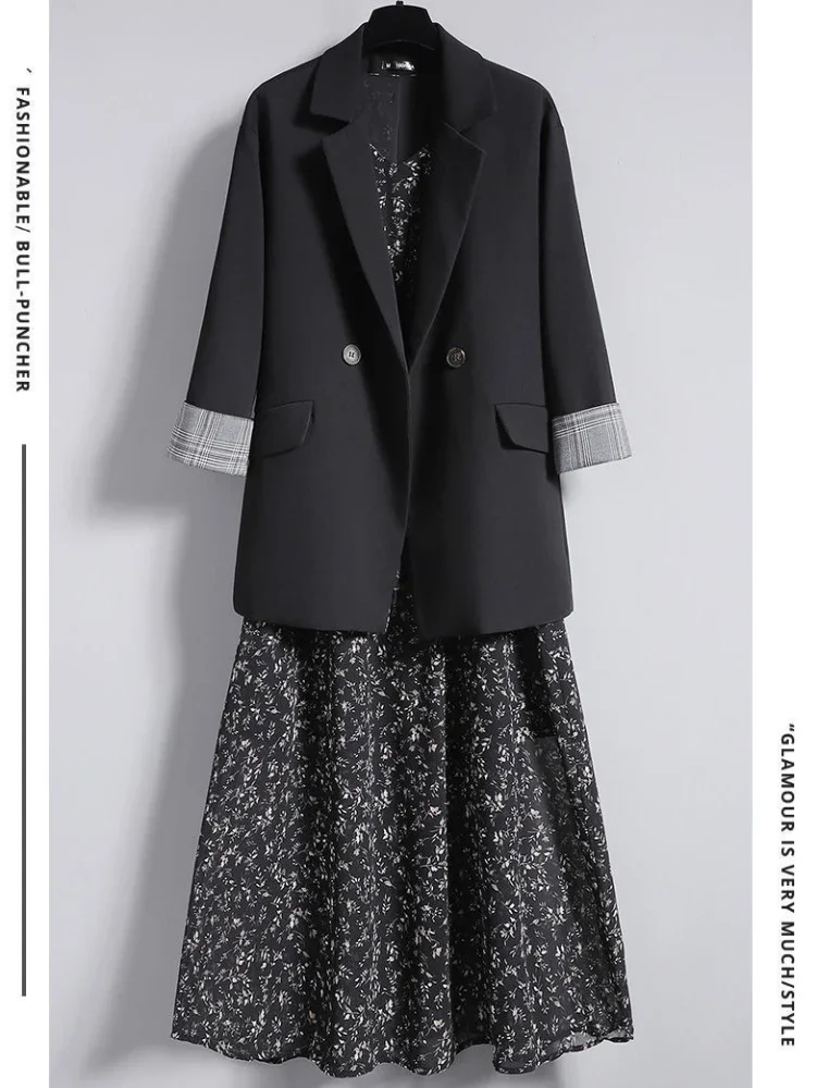 Blazer Dress Women Double-breasted Coat V-neck Printing Skirt Suit Dress Business Elegance Office Blazer Sets Clothes for Women