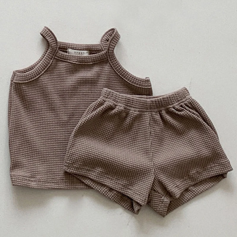small baby clothing set	 0-3 year old baby boy summer boy and girl thin cotton waffle suspender top elastic shorts suit baby vest shorts casual suit baby clothes in sets	