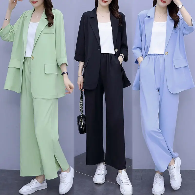 Women's Autumn Thin Suit Coat Pants Two Piece 2023 New Korean Elegant Loose Blazers Jacket Trousers Matching Set Female Clothes