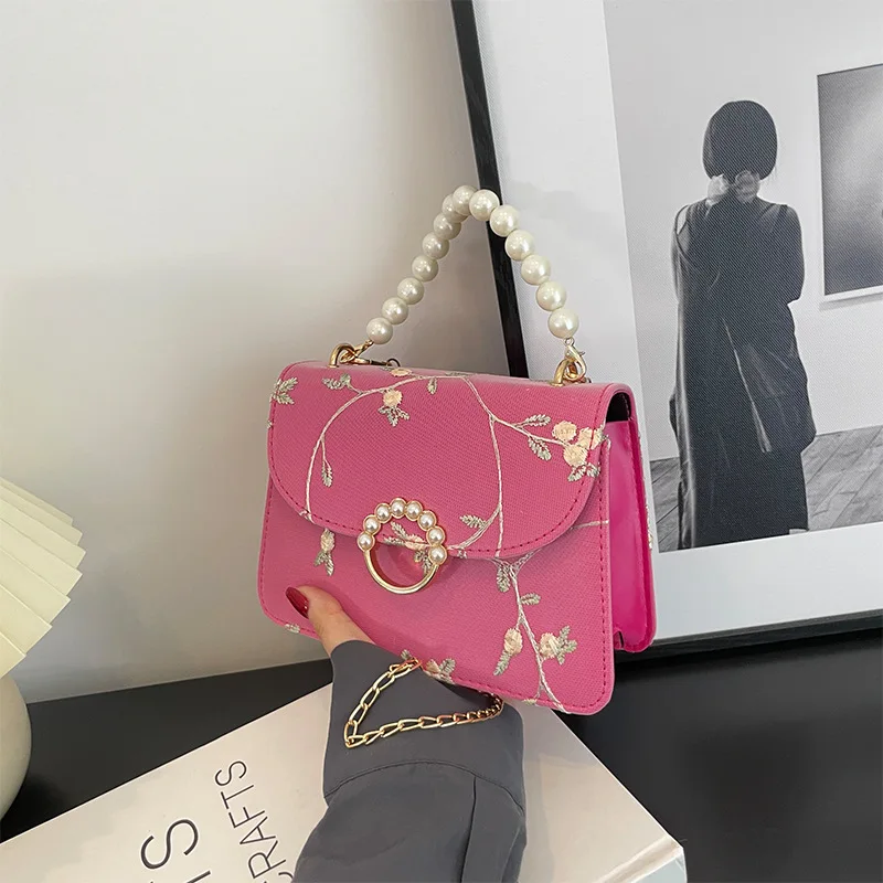 Fashionable Pearl Handbag for Women Stylish Lace Chain Single Shoulder Bag, Synthetic Leather Small Square Bag for Daily Use