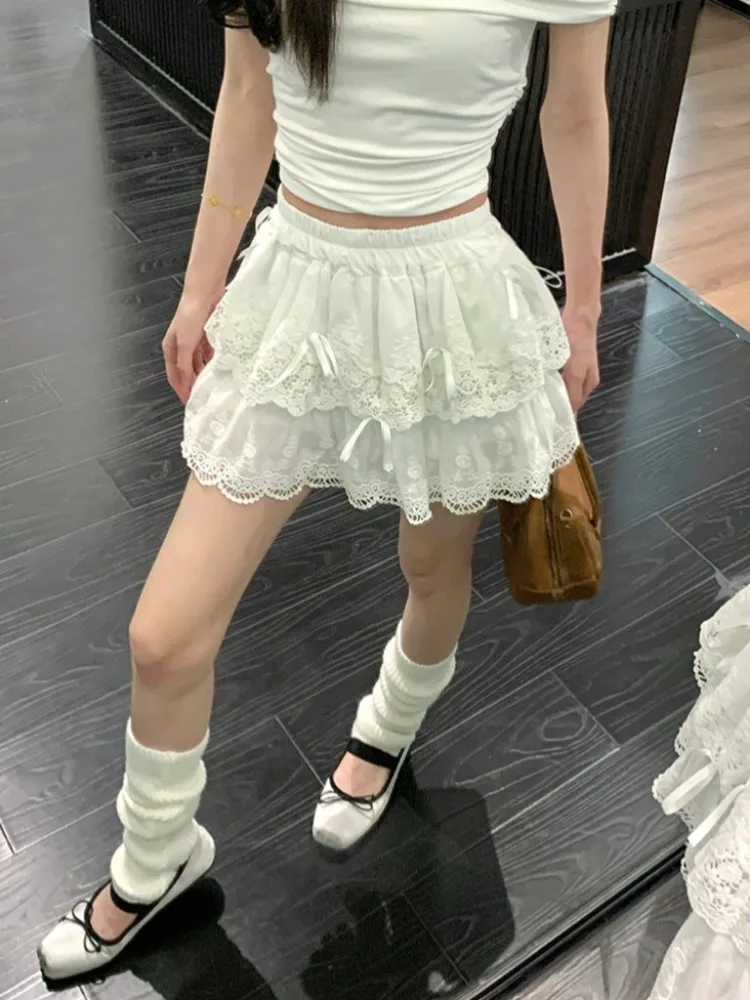 ADAgirl White Lace Mini Skirt Women Ballet Style Bow Kawaii High Waisted A-line Skirt Summer Fashion Cutecore Girl Clothing New