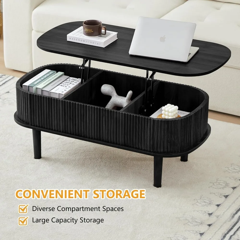 Fluted Lift Top Coffee Table with Hidden Compartment, Fully Assembled Wooden Center Table, Modern Oval Lift Tabletop 5