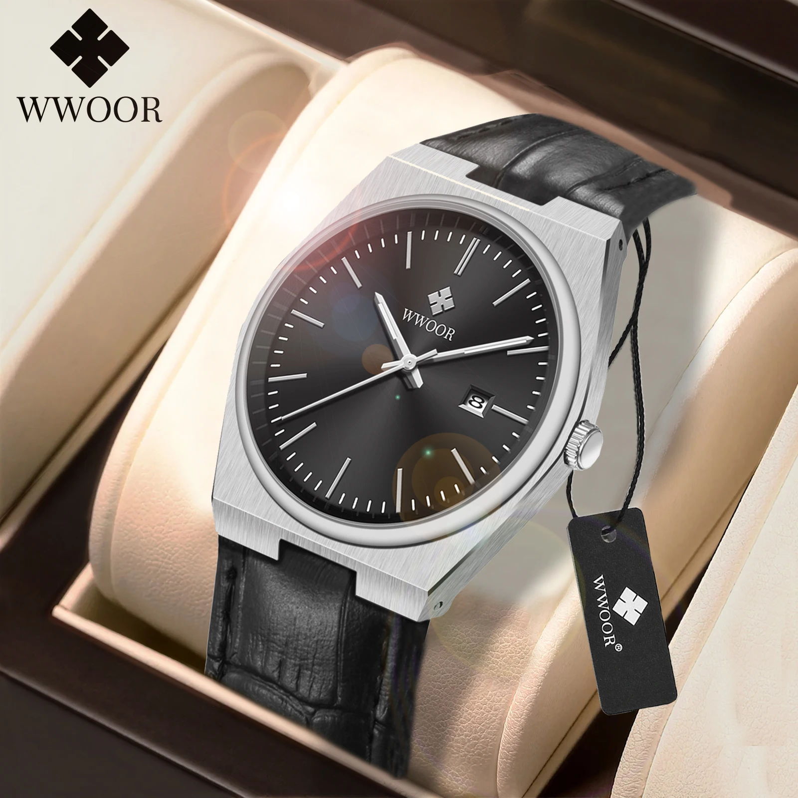 

WWOOR New Man's Watches Luxury Quartz Watch For Men Sport Automatic Date Sapphire crystal Male Wrist Watch steel Leather Strap